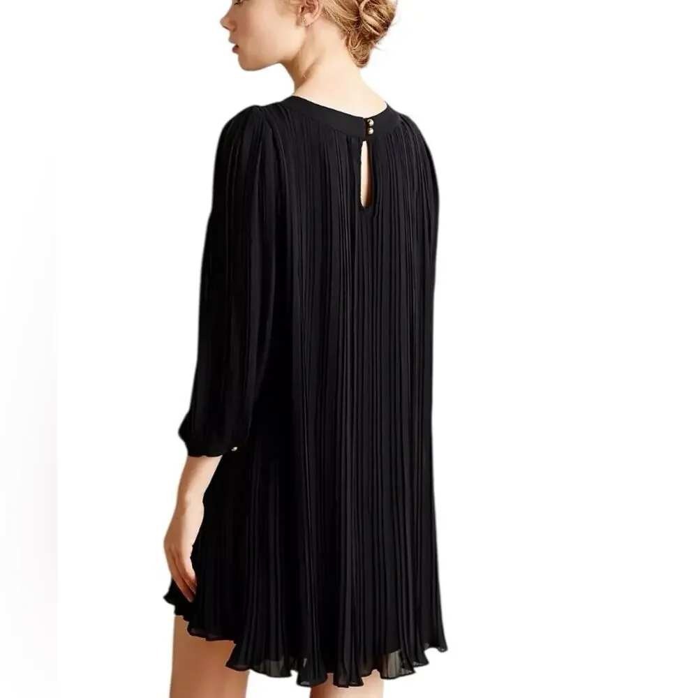 Dear Creatures Black Accordion Pleat Chiffon Mini Dress 3/4 Sleeve XS - Picture 2 of 9